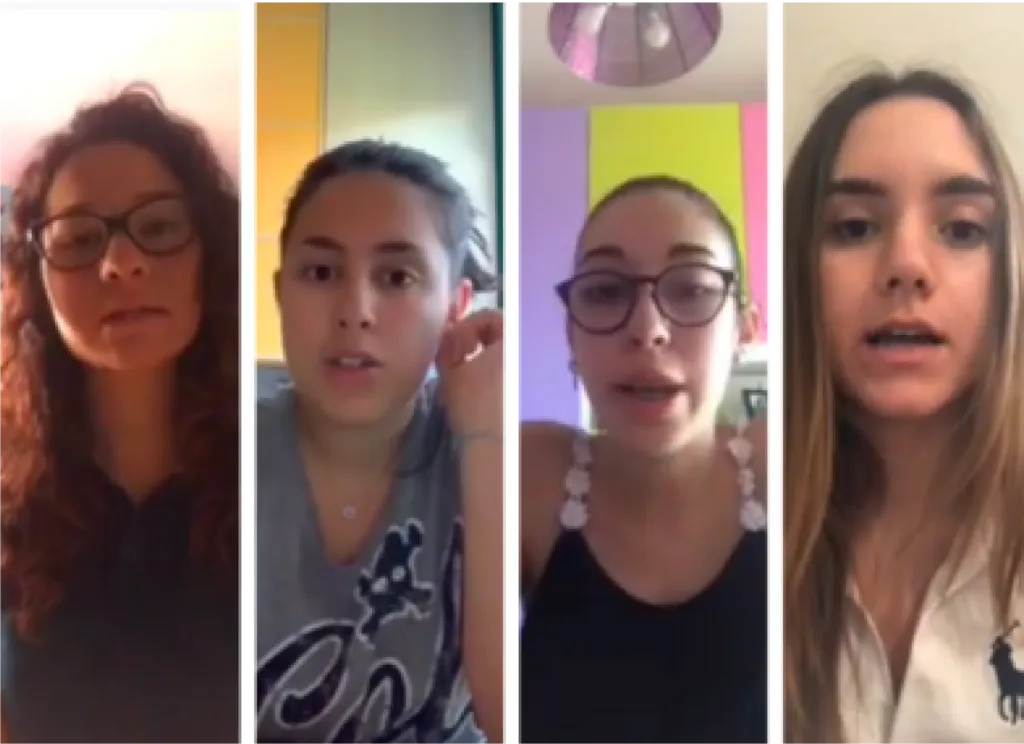 Four of the Liceo Labriola Students in their virtual classrooms.|Still images of six female high school students at Liceo Labriola, Italy, from a LabXchange testimonial video.