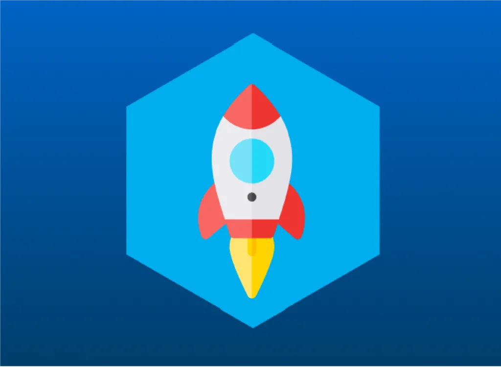 A cartoon of a spaceship on a blue background.