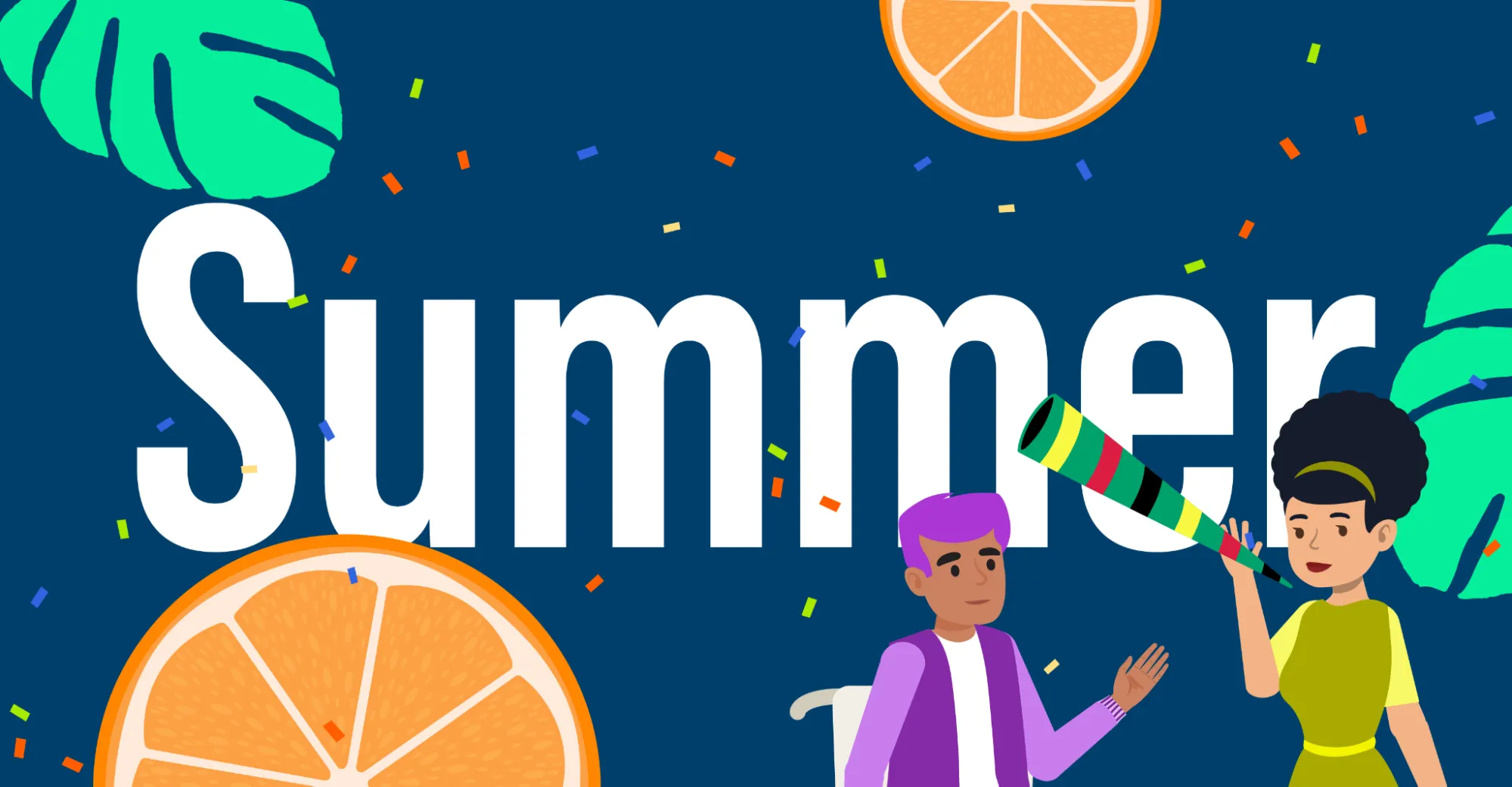 The word “Summer” in big white text against a blue background, surrounded by orange slices, big green leaves, and colorful confetti. A cartoon person with purple hair sits in a wheelchair next to a cartoon person with a black afro who is holding a loudspeaker striped in the Pan African colors: green, yellow, red, and black.
