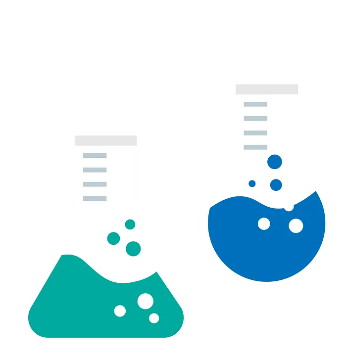 An illustration of two beakers. One has a rounded bottom and contains blue liquid, while the other has a flat bottom and contains turquoise liquid.