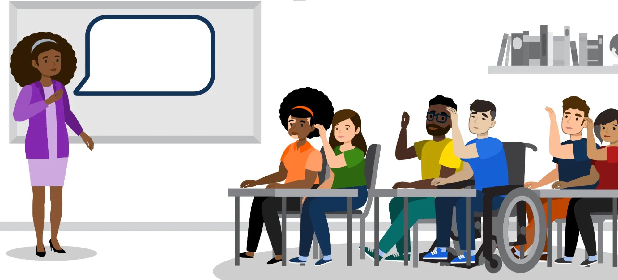 An illustration of a classroom. The teacher stands talking in the front of a diverse class of students, who are all seated at desks. The students look engaged—many of them are raising their hands to ask questions.
