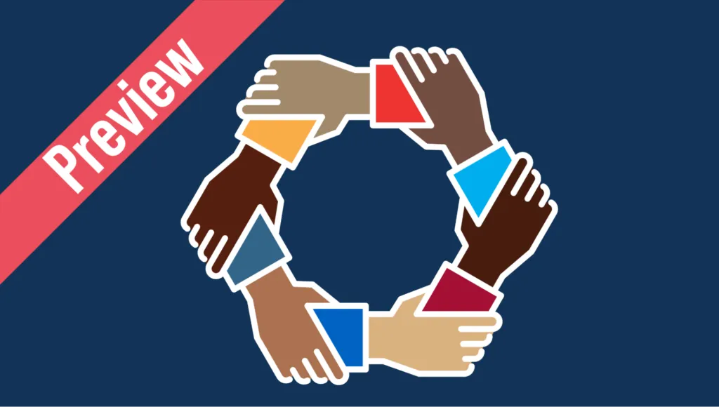 Six illustrated hands of different skin tones holding each other to form a circle. Text in a banner across the upper left corner of the image reads: "Preview."