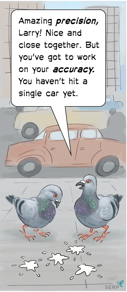 Two pigeons talking on a sidewalk, discussing a cluster of pigeon poop splats: "Amazing precision, Larry! Nice and close together. But you've got to work on your accuracy. You haven't hit a single car yet."