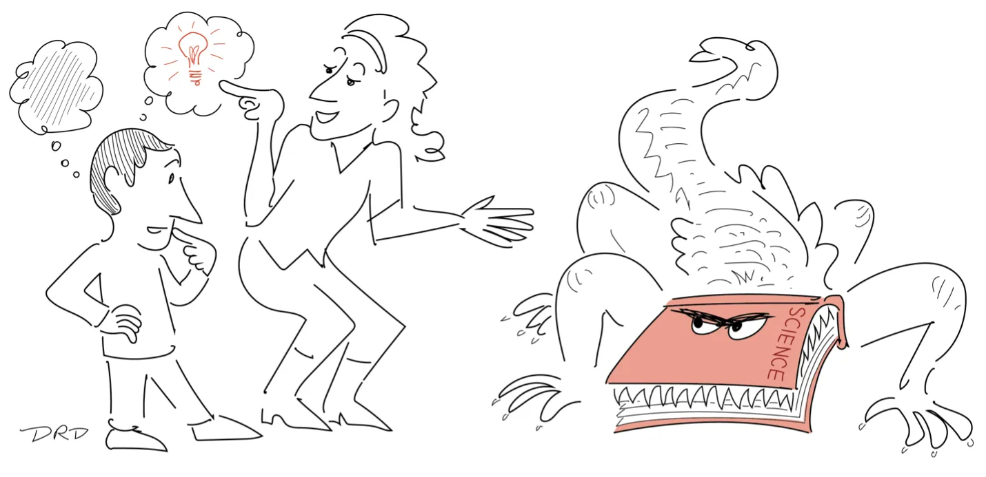An adult talks to a child about science misconceptions next to an alligator with a science textbook for its head.