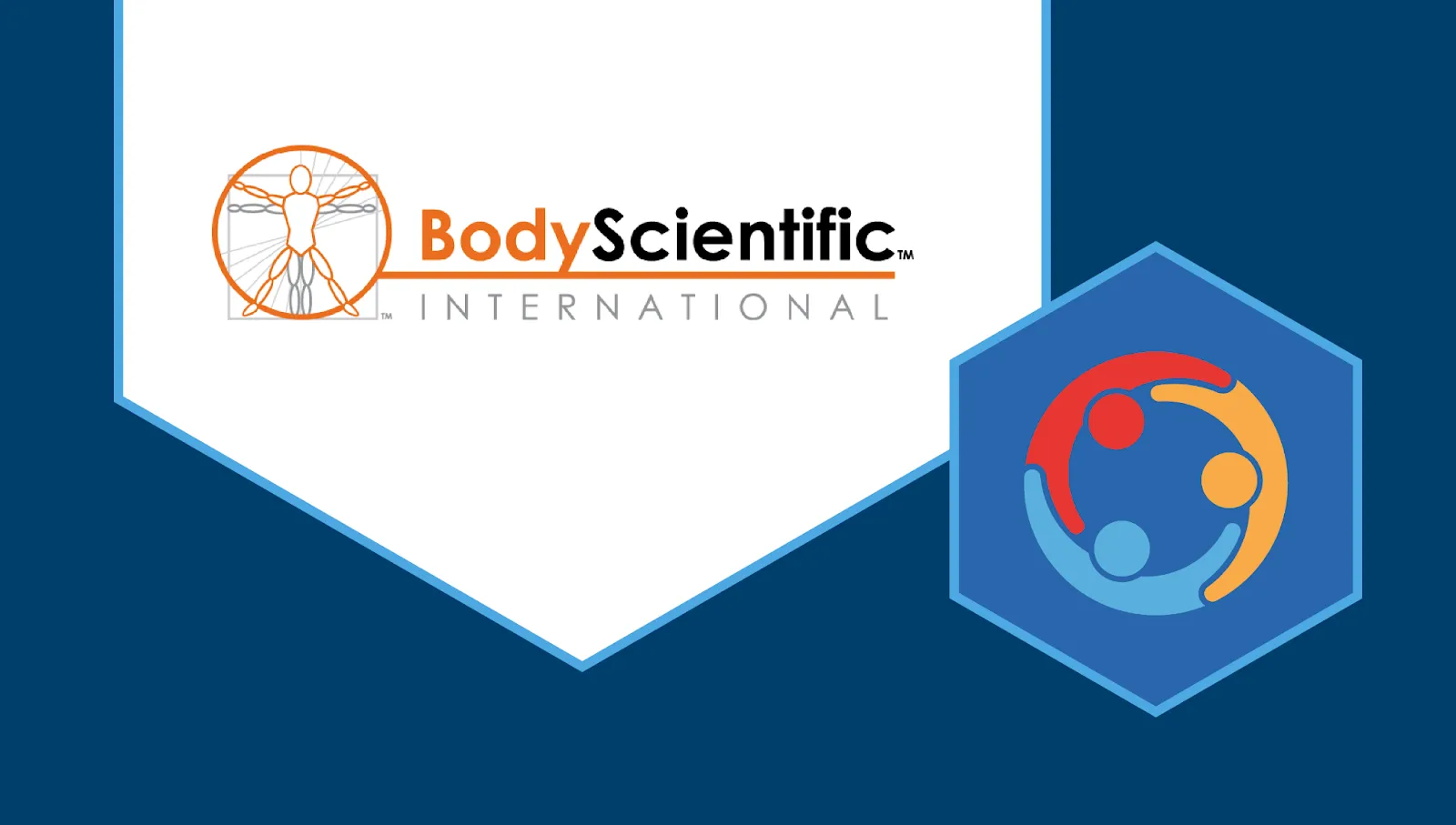 Two hexagons. One contains the Body Scientific International logo, which has a human figure standing with their arms and legs apart in a star shape, like da Vinci’s Vitruvian Man. The other hexagon contains an illustration of 3 people standing in a circle with their arms around each other's shoulders.