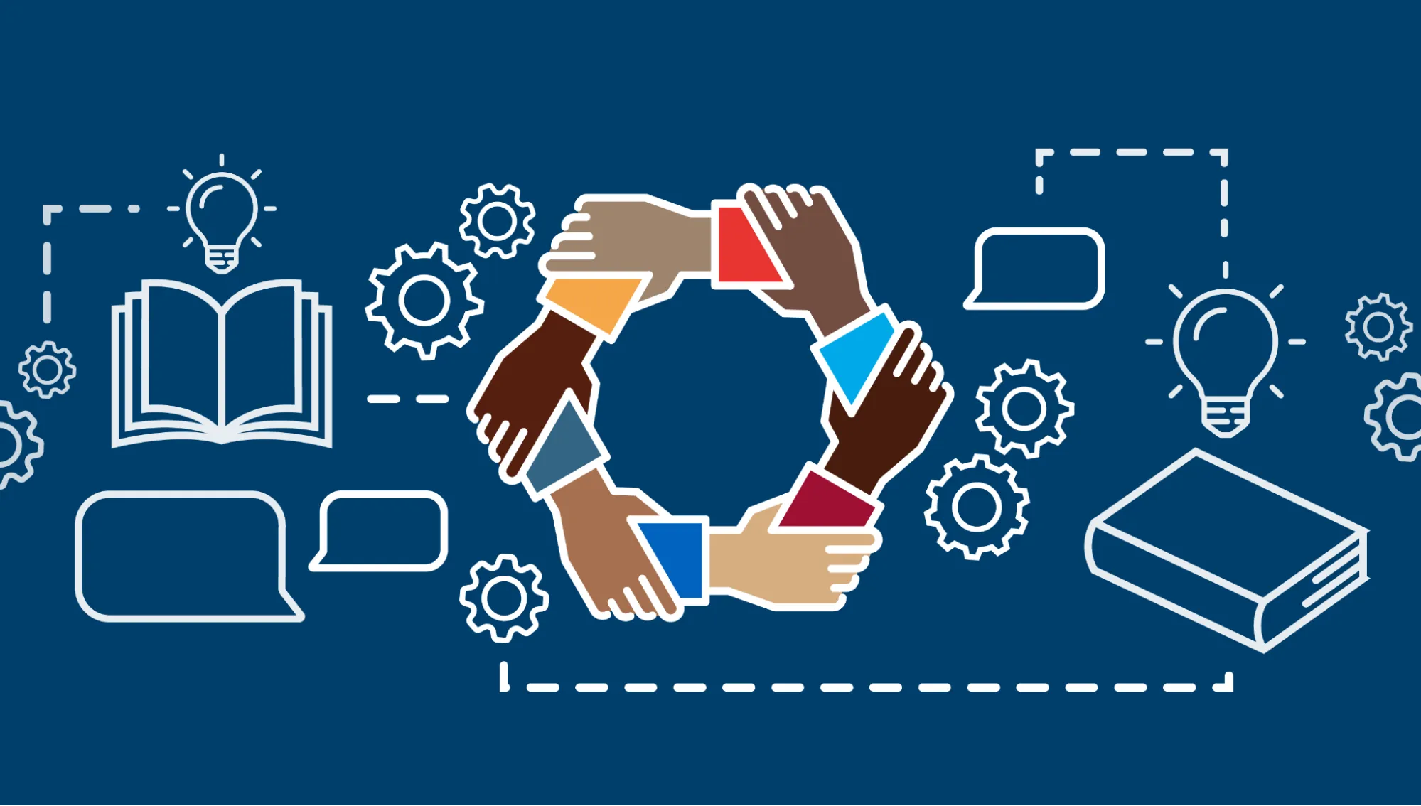 The RDEISE logo. It is a circle of hands of different skin tones all holding each other, surrounded by illustrations of books, lightbulbs, cogwheels, and speech bubbles. Some of the illustrations are connected to each other by dotted lines. 