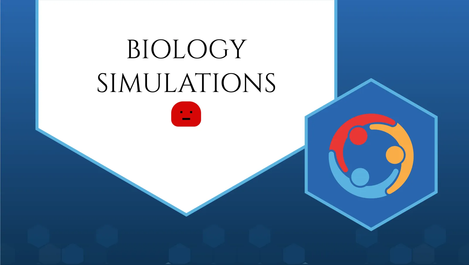 The LabXchange Collaborator Spotlight logo (three people holding hands in a circle) sits in a small blue hexagon in the lower right, with the text "Biology Simulations" and their logo, a red face, placed towards the center of the image.
