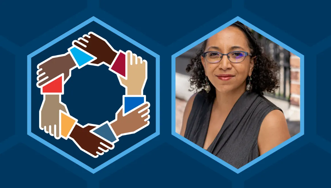 Two hexagons, one contains a portrait of Dr. Jamiella Brooks, and the other contains the RDEISE logo (a circle formed by hands of different skin tones holding each other). Dr. Brooks has curly black hair and is wearing glasses, large silver earrings, and a flowing black blouse or dress