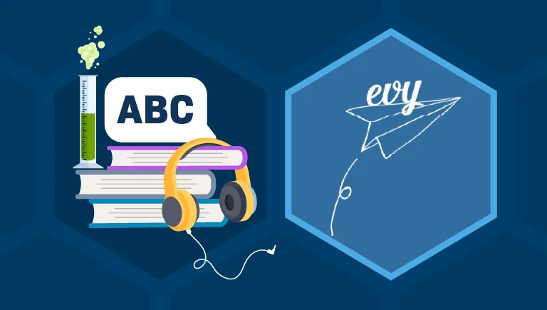 Two illustrations, one of which is the EVY logo, a paper plane with the letters EVY written on it. The other illustration is of a test tube on top of a stack of books, a pair of headphones, and a speech bubble containing the letters ABC.