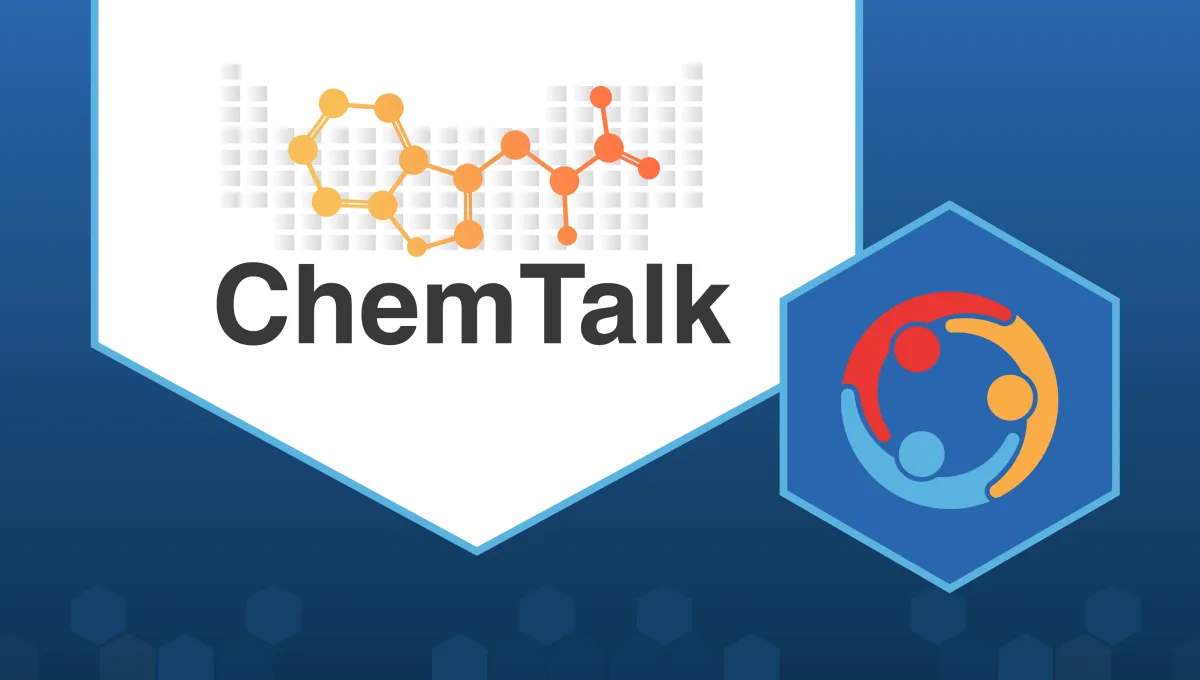 The ChemTalk logo, a simple diagram of a molecule superimposed over a blank periodic table with the word "ChemTalk" under it, alongside the LabXchange collaborator logo, and overhead view of three different colored figures embracing.