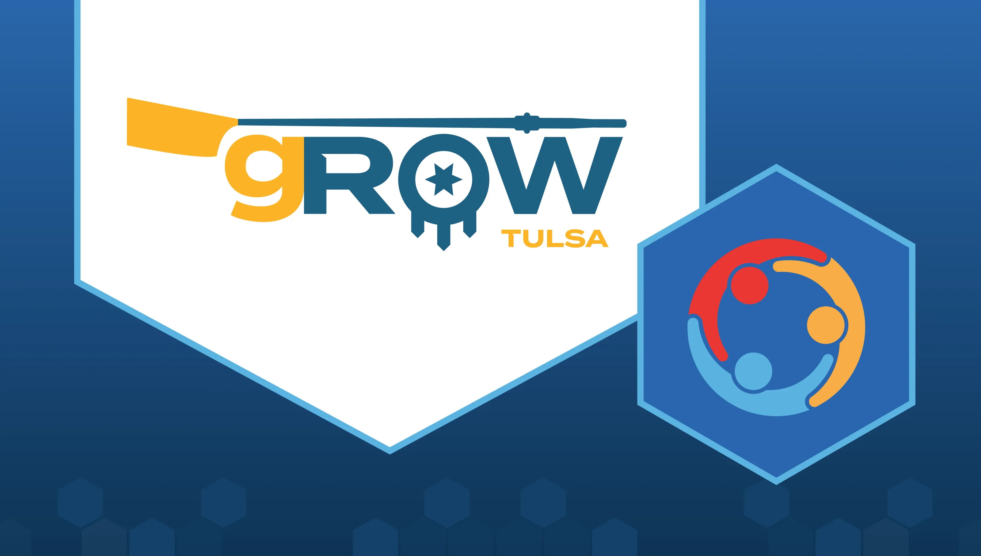 The Tulsa Youth Rowing Association logo—a stylized "Tulsa gROW"— next to a smaller hexagon within which is an icon showing three people with hands on each other's shoulders, representing the Collaborator Spotlight.