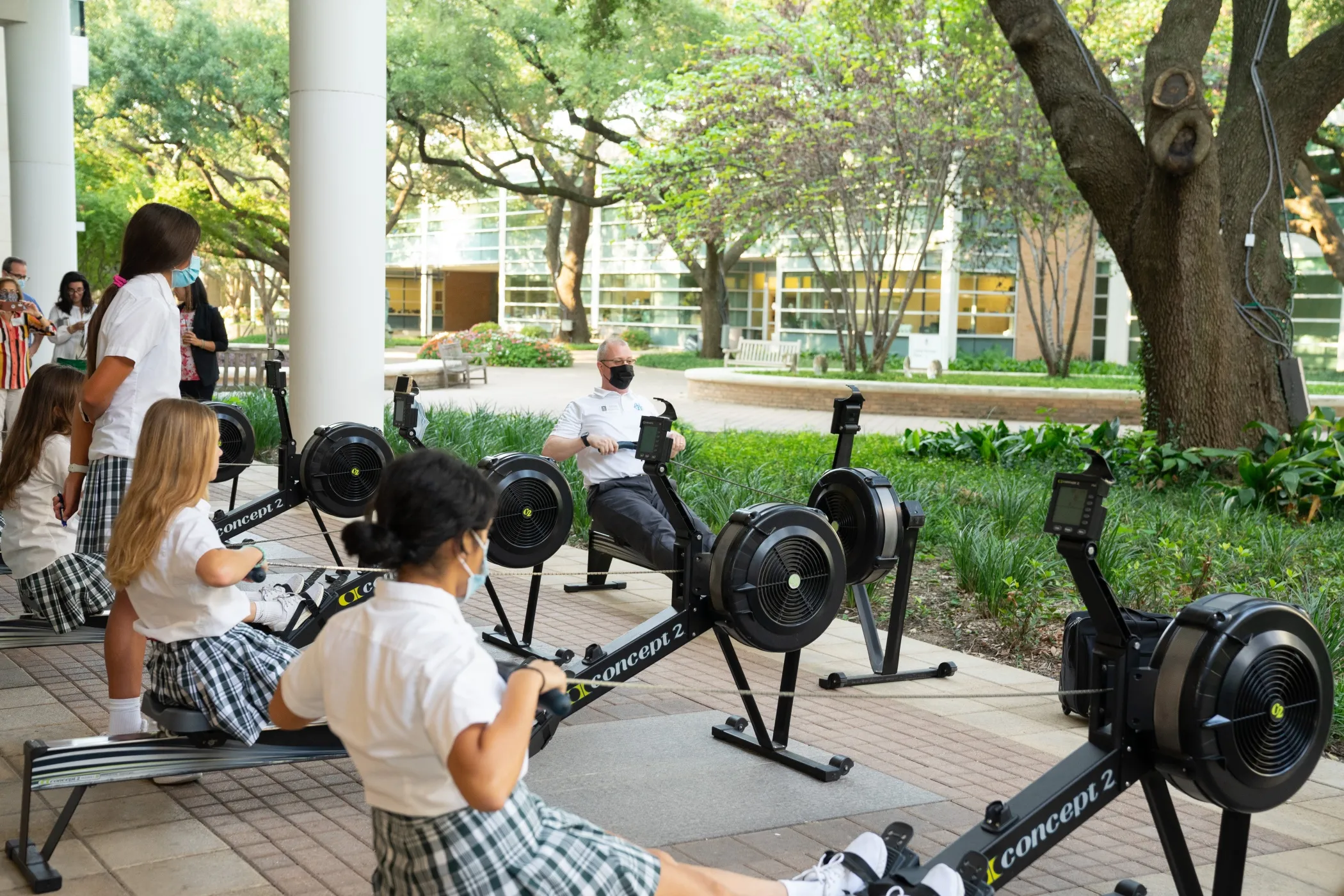 Rowing instructor Neil Bergenroth teaches rowing at the Hockaday School in Dallas, Texas, USA.