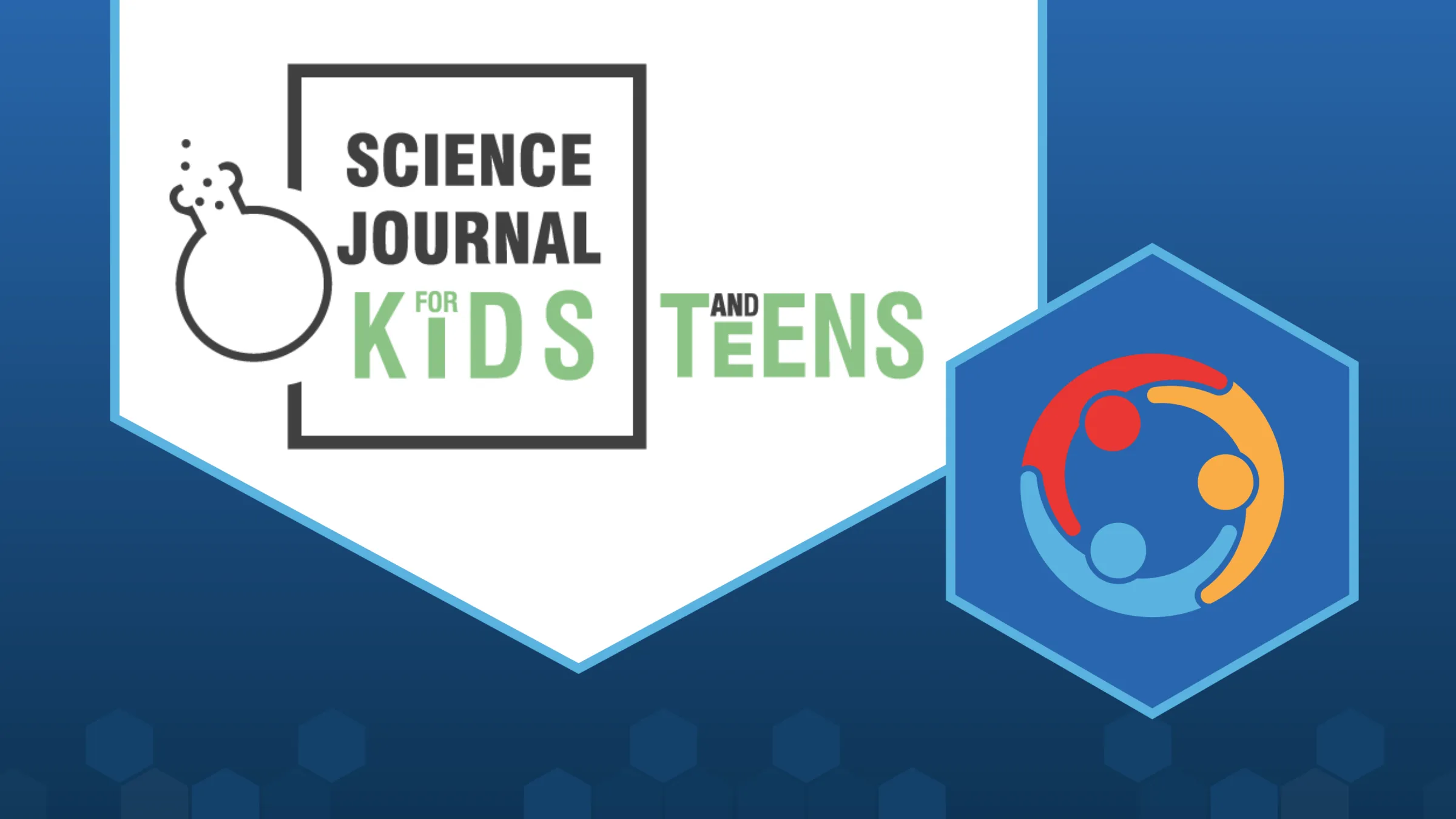 The Science Journal for Kids logo, which is a black rectangle containing the text "Science Journal for Kids" with the black outline of a beaker bubbling over next to it. In a smaller hexagon on the bottom right of the image is the LabXchange collaborator spotlight logo, which is three people in different colors—yellow, red, and blue—joining arms in a circle.