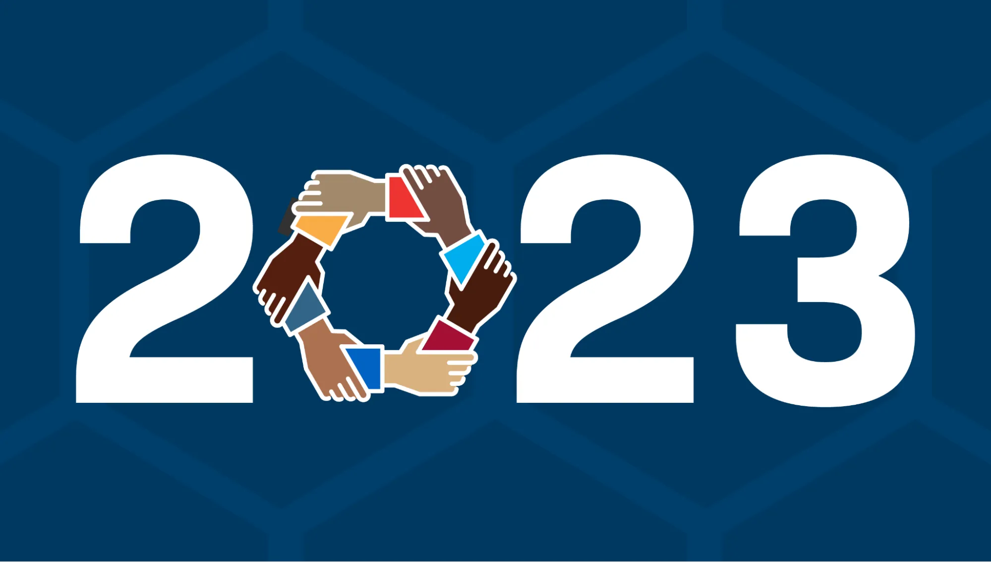 The year 2023 in big white text against a blue background. The 0 in 2023 is the RDEISE logo, a circle of hands of different skin tones all holding each other by the wrist.