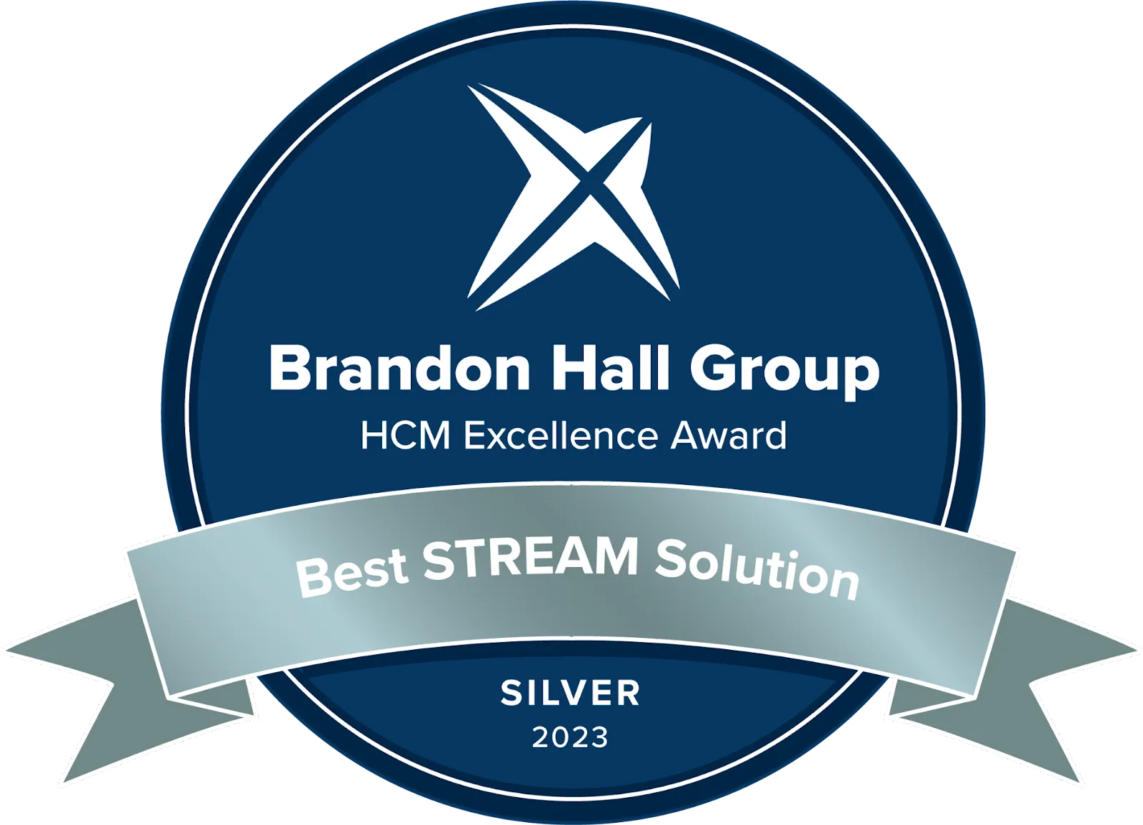 A digital award medallion given to LabXchange by the Brandon Hall Group HCM Excellence Awards. The medallion says "Best STREAM Solution 2023".