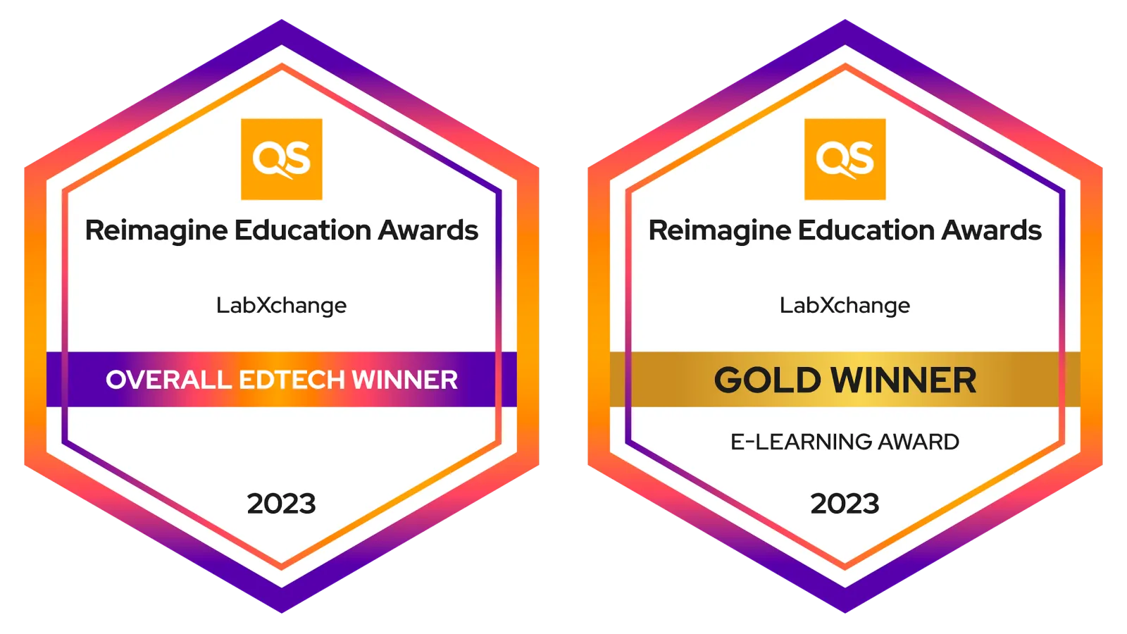 Two digital award medallions given to LabXchange by the QS Reimagine Education Awards. The left medallion says "Overall EdTech Winner 2023" and the right medallion says "Gold Winner E-Learning 2023".