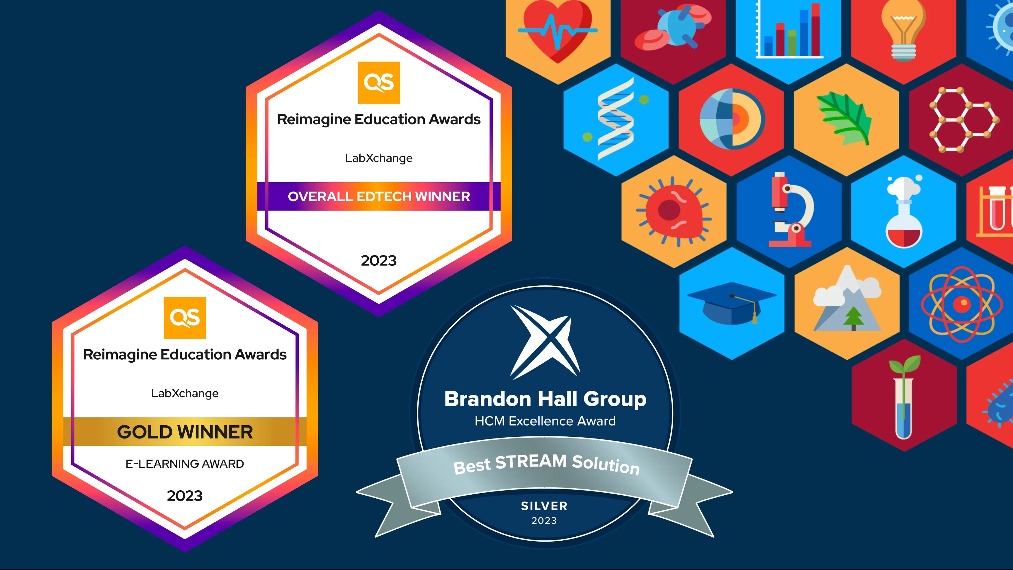 Three digital award medallions—two from the QS Reimagine Education Awards and one from the Brandon Hall Group HCM Excellence Awards—are displayed on a navy blue background. In the upper right corner, there are colorful hexagons containing graphical representations of popular science-related objects and concepts, like a microscope and a DNA double helix.
