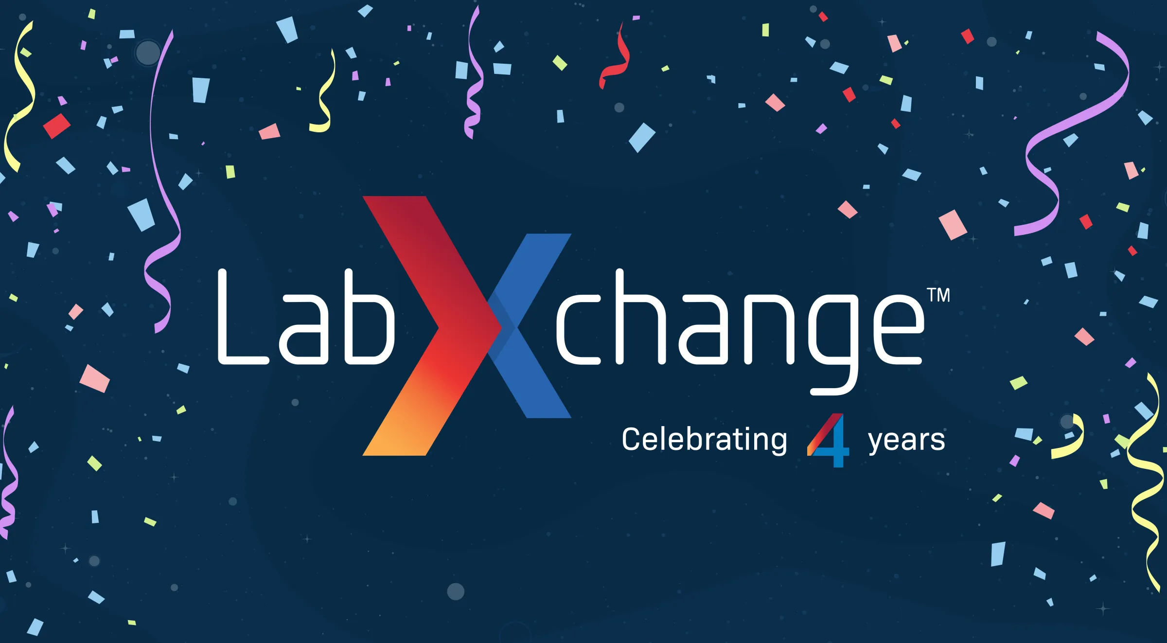 A navy blue background with the LabXchange logo in the center, with "celebrating 4 years" just underneath. Multicolored confetti falls around the entire image.