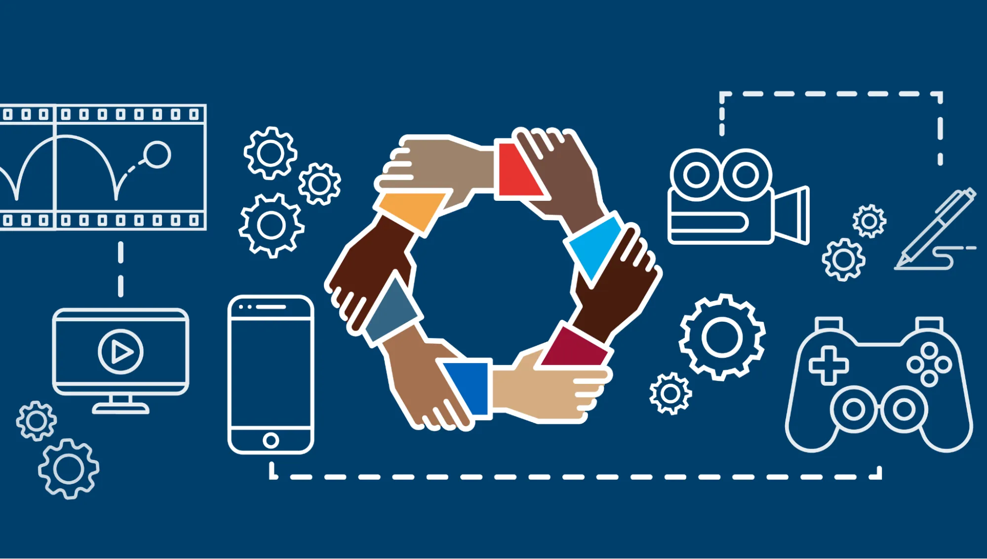 The RDEISE logo (a circle of hands of different skin tones all holding each other), surrounded by illustrations of a gaming console, a video camera, a mobile phone, a computer monitor with a play button displayed on the screen, and a roll of camera film. The illustrations are connected to each other by dotted lines, creating the impression of a mind map or a set of linked ideas.