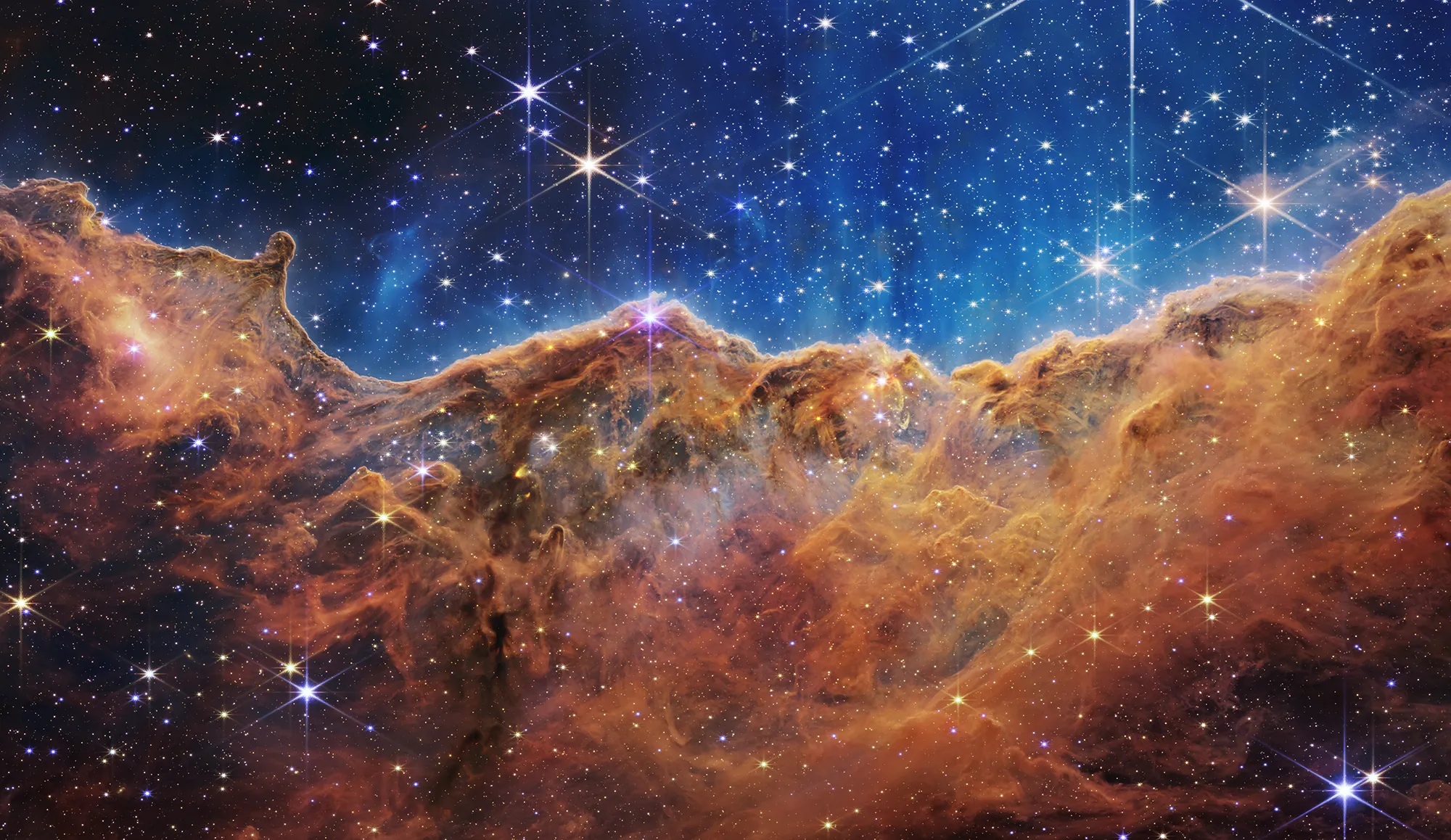 The Carina Nebula, as photographed by the James Webb Space Telescope in 2022. The image is divided horizontally by a line between a cloudscape forming a nebula along the bottom portion and a comparatively clear upper portion. Speckled across both portions is a starfield, showing innumerable stars of many sizes. The smallest of these are small, distant, and faint points of light. The largest of these appear larger, closer, brighter, and more fully resolved with 8-point diffraction spikes. The upper portion of the image is blueish, and has wispy translucent cloud-like streaks rising from the nebula below. The orangish cloudy formation in the bottom half varies in density and ranges from translucent to opaque. The stars vary in color, the majority of which have a blue or orange hue. The cloud-like structure of the nebula contains ridges, peaks, and valleys – an appearance very similar to a mountain range. Three long diffraction spikes from the top right edge of the image suggest the presence of a large star just out of view.