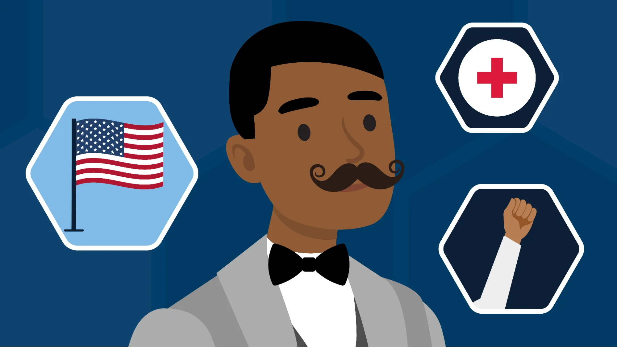 A cartoon illustration of Dr. Alexander Augusta (a formally dressed Black man with a handlebar mustache) surrounded by three hexagons containing illustrations of the United States flag, a red cross representing health-care, and a raised fist (a symbol of resistance and unity).