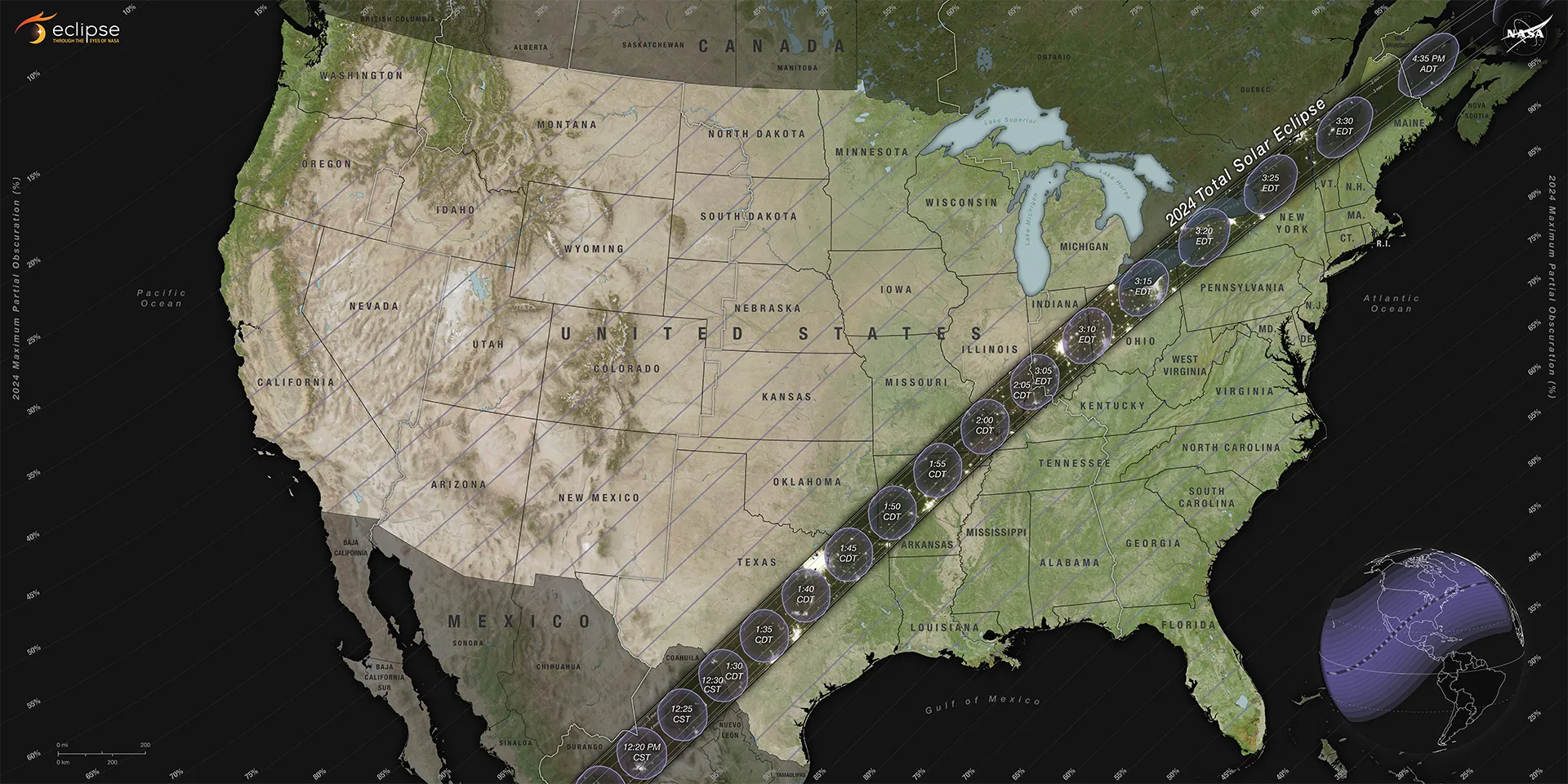 A map of the April 2024 total solar eclipse, showing the path of totality that extends across Mexico, the United States, and eastern Canada. 