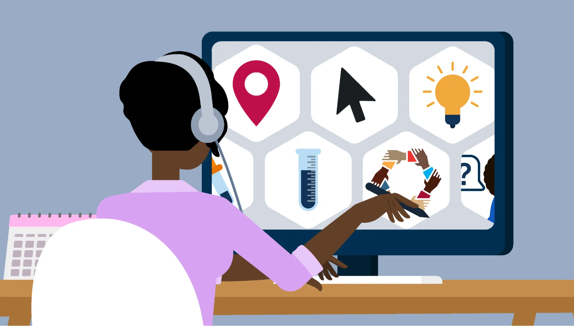 An illustration of a young Black person wearing headphones and sitting at a desk in front of a monitor. They appear to be interacting with digital content with a stylus (digital pen) and keyboard. The monitor shows many hexagons each with a different icon, including a location pin, a light bulb, and the RDEISE logo, which is a circle of hands of different skin tones holding each other