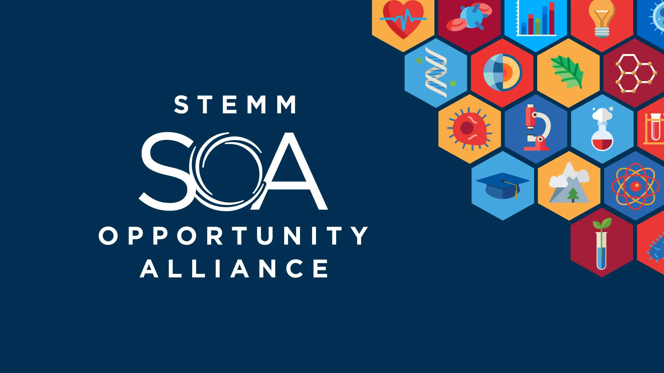 Text reads: “STEMM SOA Opportunity Alliance.” The text is surrounded by science-themed illustrations, including DNA helices, graphs, light bulbs, some bacteria, an atom, a plant in a test tube, a microscope and a graduation cap.