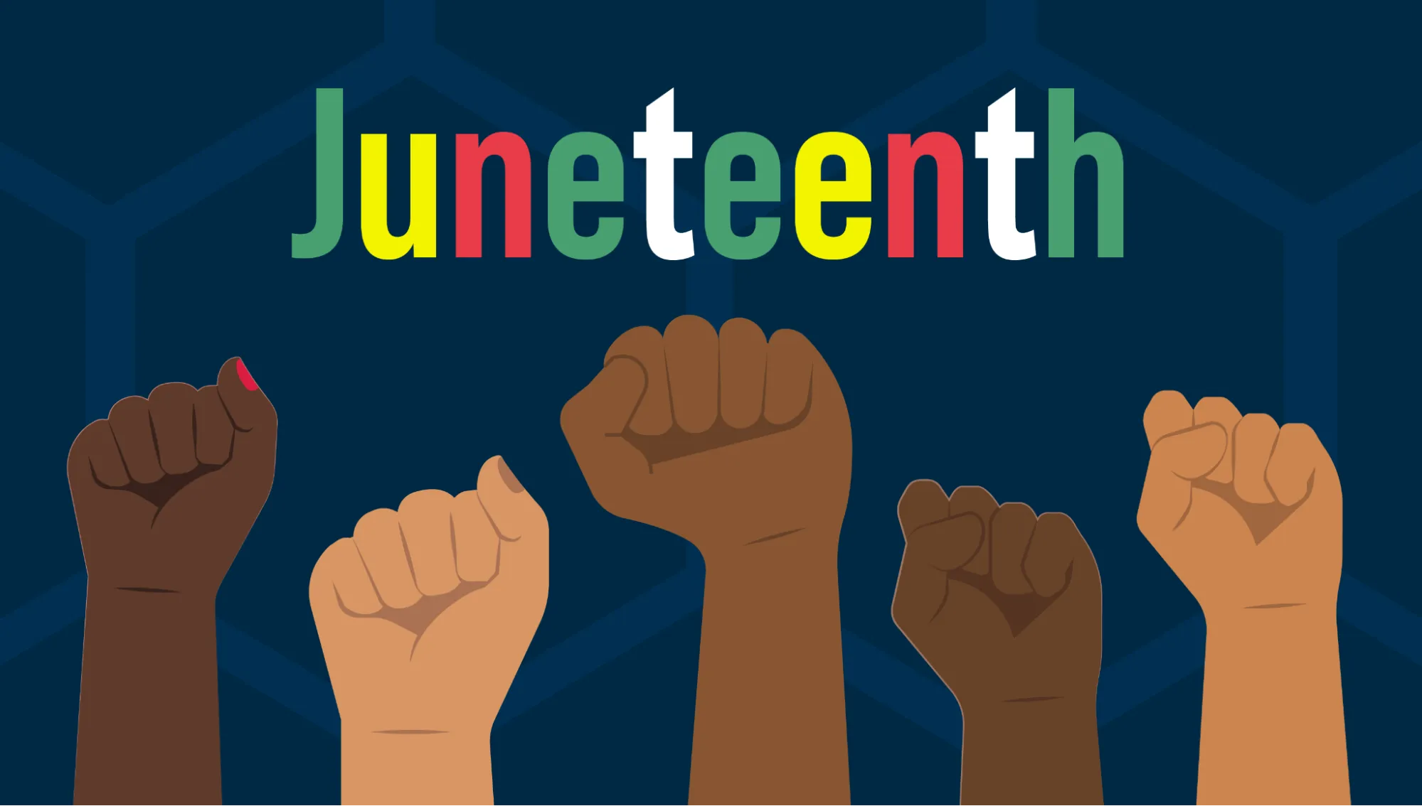 Text reads: “Juneteenth,” in green, yellow, red, and white (the Juneteenth colors). Below the text is an illustration of many raised fists (most of which appear to belong to Black people), symbolizing resistance and solidarity. Bright, vibrant red nail polish is visible on the nails of one of the fisted hands.