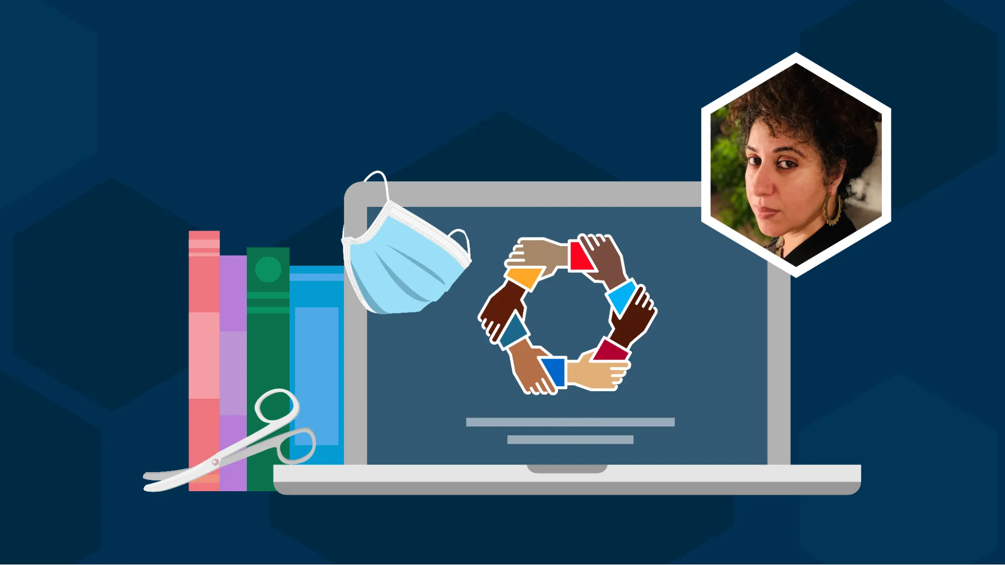 A laptop with the RDEISE logo (a circle of hands all holding each other by the wrist) on its screen. A surgical mask is hanging from a corner of the laptop by one of its ear loops, and there is a pair of surgical scissors resting on the laptop’s base. To one side of the laptop is a stack of books. A hexagon contains a photograph of Dr. Bita Amani, a Black woman with long, curly hair tied in a high ponytail on the top of her head; she’s wearing gold hoop earrings with a triangular pattern on them and a black collared blazer. She’s staring directly into the camera with a slight smile.