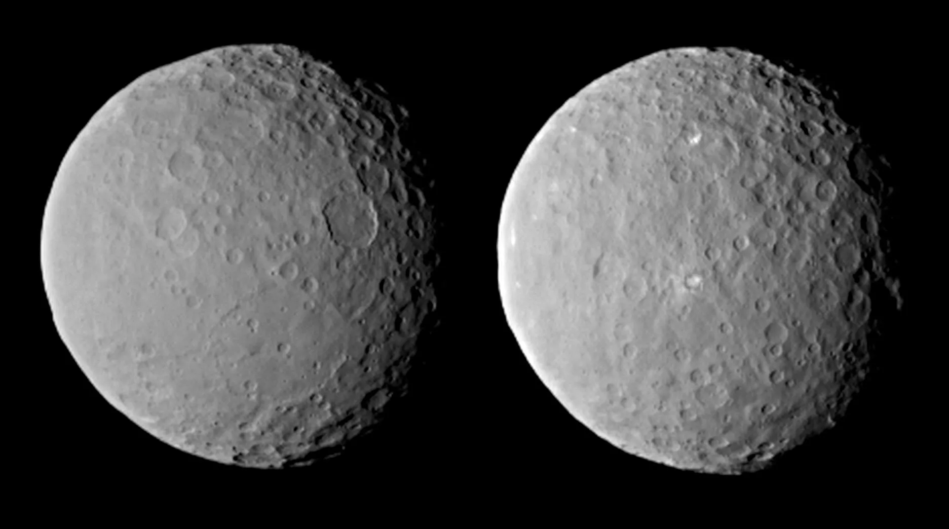 Two grayscale images of the dwarf planet Ceres. Ceres is very rounded, with many craters on its surface.