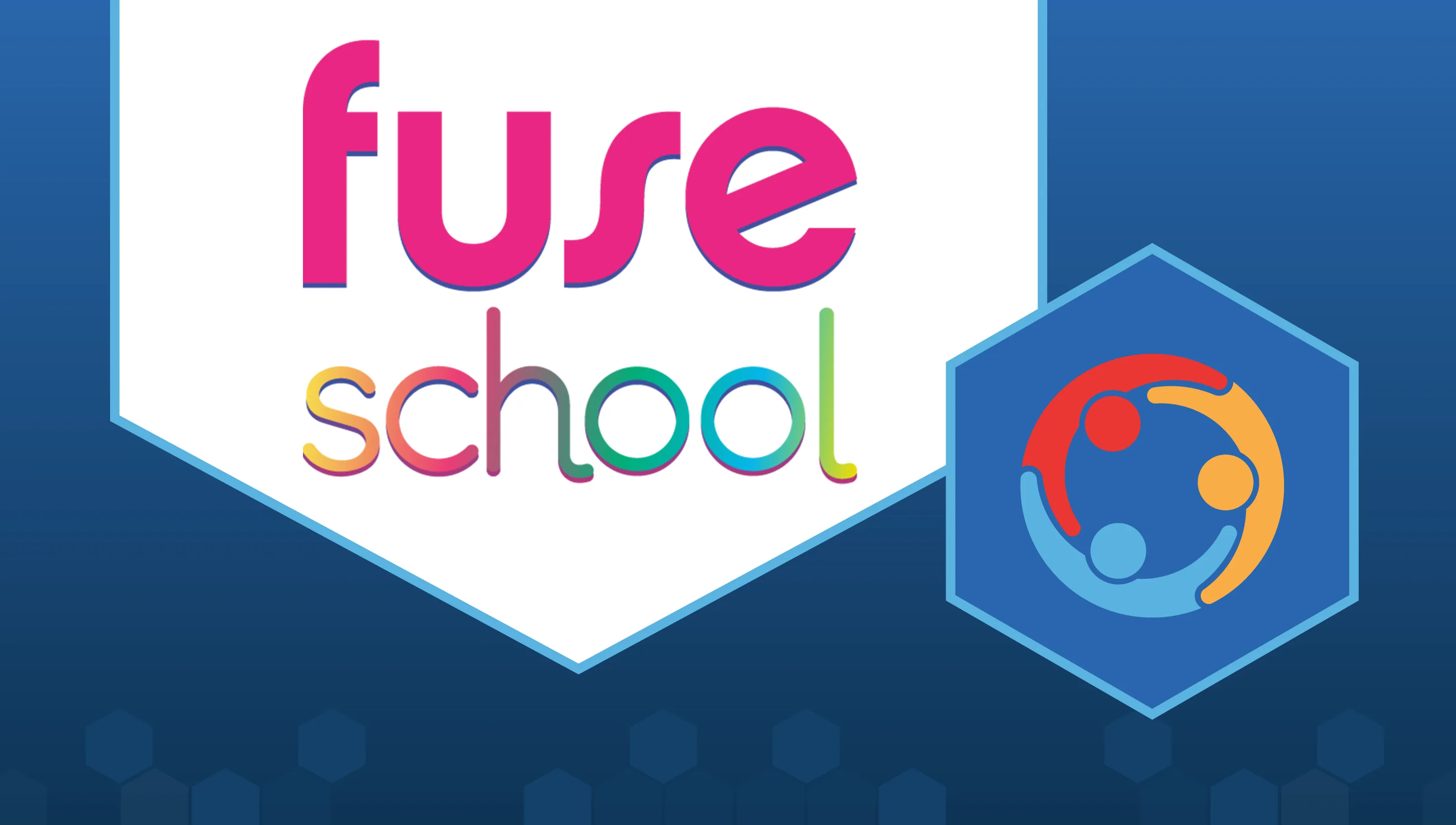 A large white pentagon over a dark blue background. Inside the pentagon is the FuseSchool logo, which has text that reads "FuseSchool" with letters in various colors. In the lower right corner is the LabXchange collaborator spotlight symbol, which is an overhead view of three people standing in a circle holding each other's shoulders.