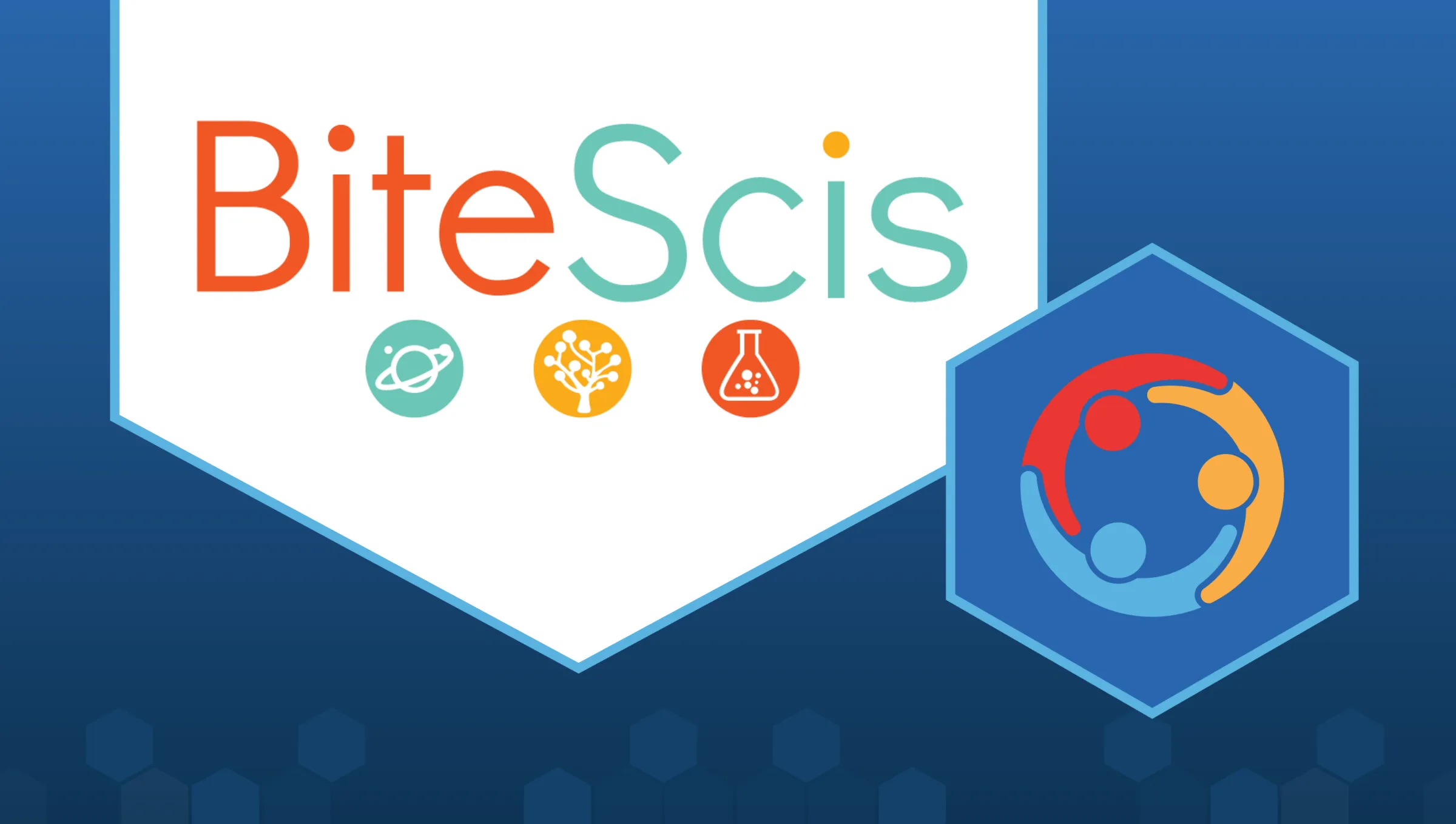 The BiteScis logo appears on the left side of the image in a large white pentagon. The logo consists of the text "BiteScis" with three circles below it, in a line. The first circle is blue and contains an icon depicting the planet Saturn. The second circle is yellow and contains an icon depicting a neuron. The final circle is red and contains an icon depicting an Erlenmeyer flask. On the right side of the image is the LabXchange collaborator spotlight logo: three multicolored people forming a circle.
