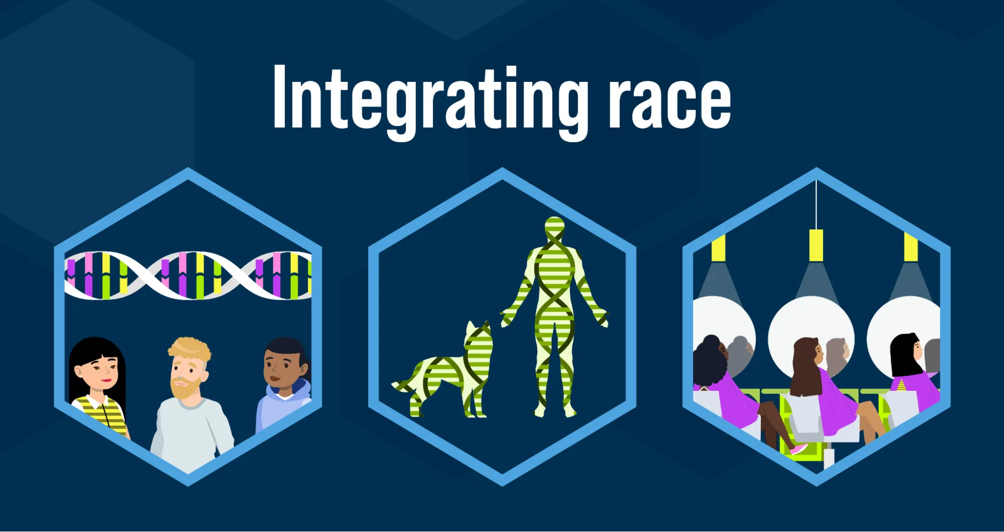 Text reads: “Integrating race” above three illustrations from RDEISE learning resources. The first illustration is of a small, diverse crowd of people below a large DNA helix, resembling a twisted ladder. The second illustration is of silhouettes of a human and a canine figure, which are filled in with green DNA helices. The third illustration is of three people sitting in front of mirrors at a hair salon.