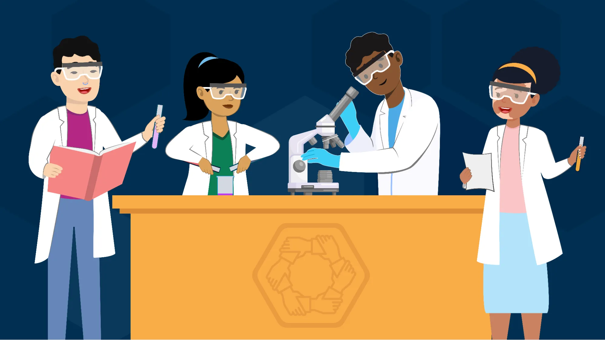 A group of four diverse STEM students wearing white lab coats and goggles standing around a lab bench with the RDEISE logo (a circle of hands all holding each other by the wrist) on it. One of the students is looking through a microscope on the lab bench. The other three students are holding various test tubes filled with liquid, and one of them is also reading from a book.