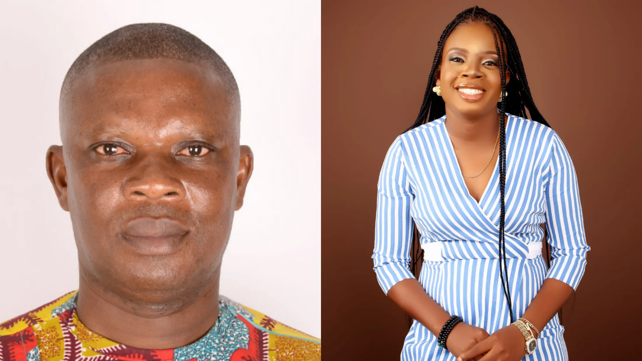 On the left: a professional headshot of a Black man with a slight smile and a close haircut. He is wearing a colorful shirt. On the right: a portrait image of a Black woman from the waist up. She is smiling broadly and wearing a blue and white striped dress.