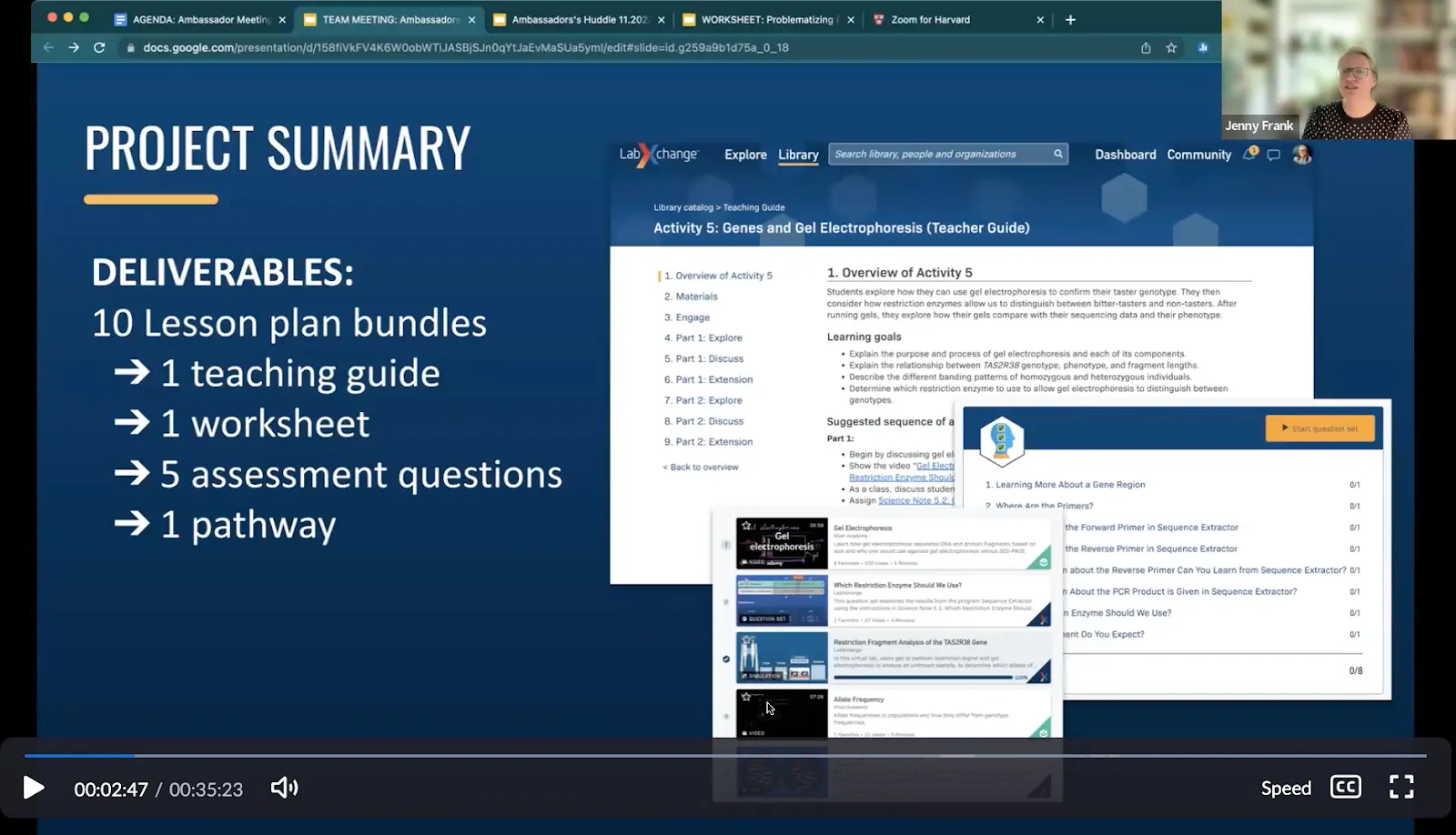 Jenny Frank, Head of Educator Engagement at LabXchange, presents a slide about the Teacher Ambassador Program goals, including the creation of 10 lesson plan bundles consisting of 1 teaching guide, 1 worksheet, 5 assessment questions, and 1 learning pathway each.