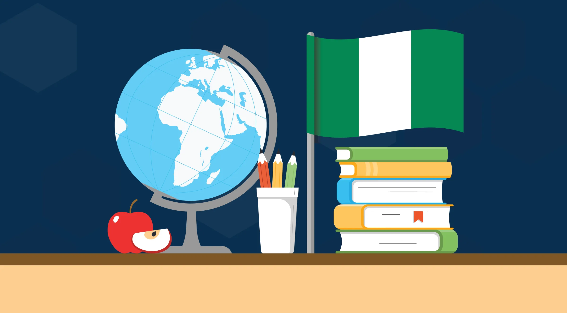 An illustration of a desk with a model globe (with the continent of Africa on its face), a red apple, a cup holding pencils, a stack of books, and a Nigerian flag (a flag consisting of one vertical bar of white sandwiched by two green vertical bars).