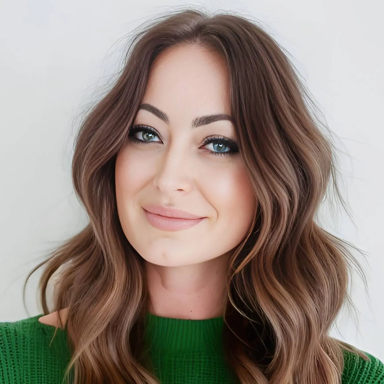A white woman with light brown hair wearing a green sweater.