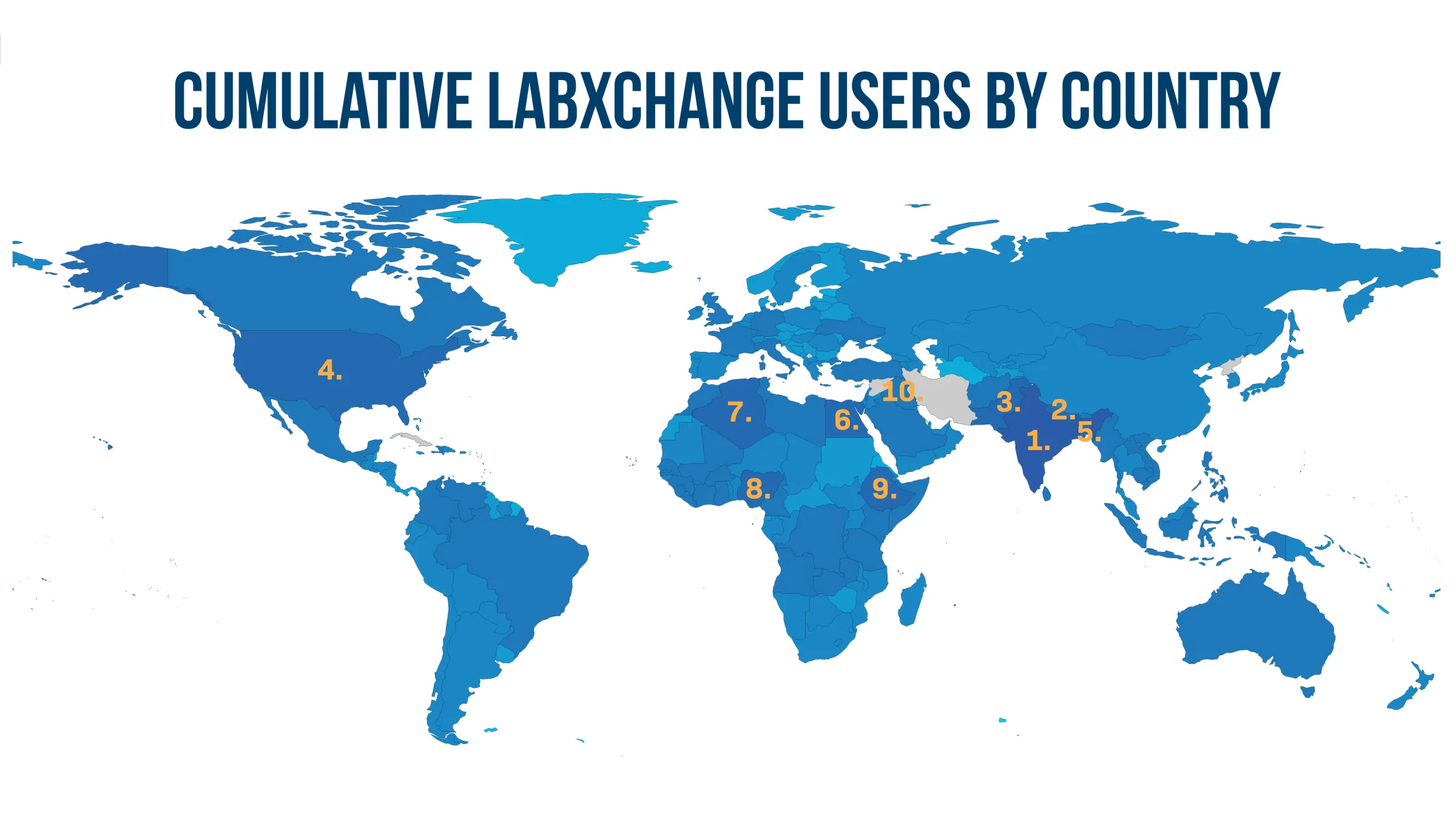 A map of the world showing which countries have the most LabXchange users, including India, Nepal, Pakistan, Nigeria, the US, and others. Text at the top reads: "Cumulative LabXchange Users by Country"