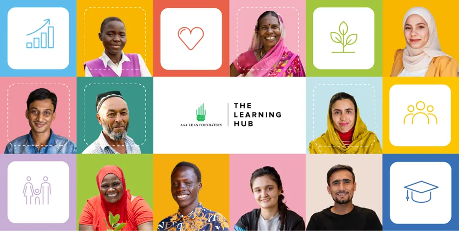 A collage of people of many different races and cultures, and symbols representing qualities such as growth, love, community, education, and family. In the center of the collage are the logos for the Aga Khan Foundation and The Learning Hub.