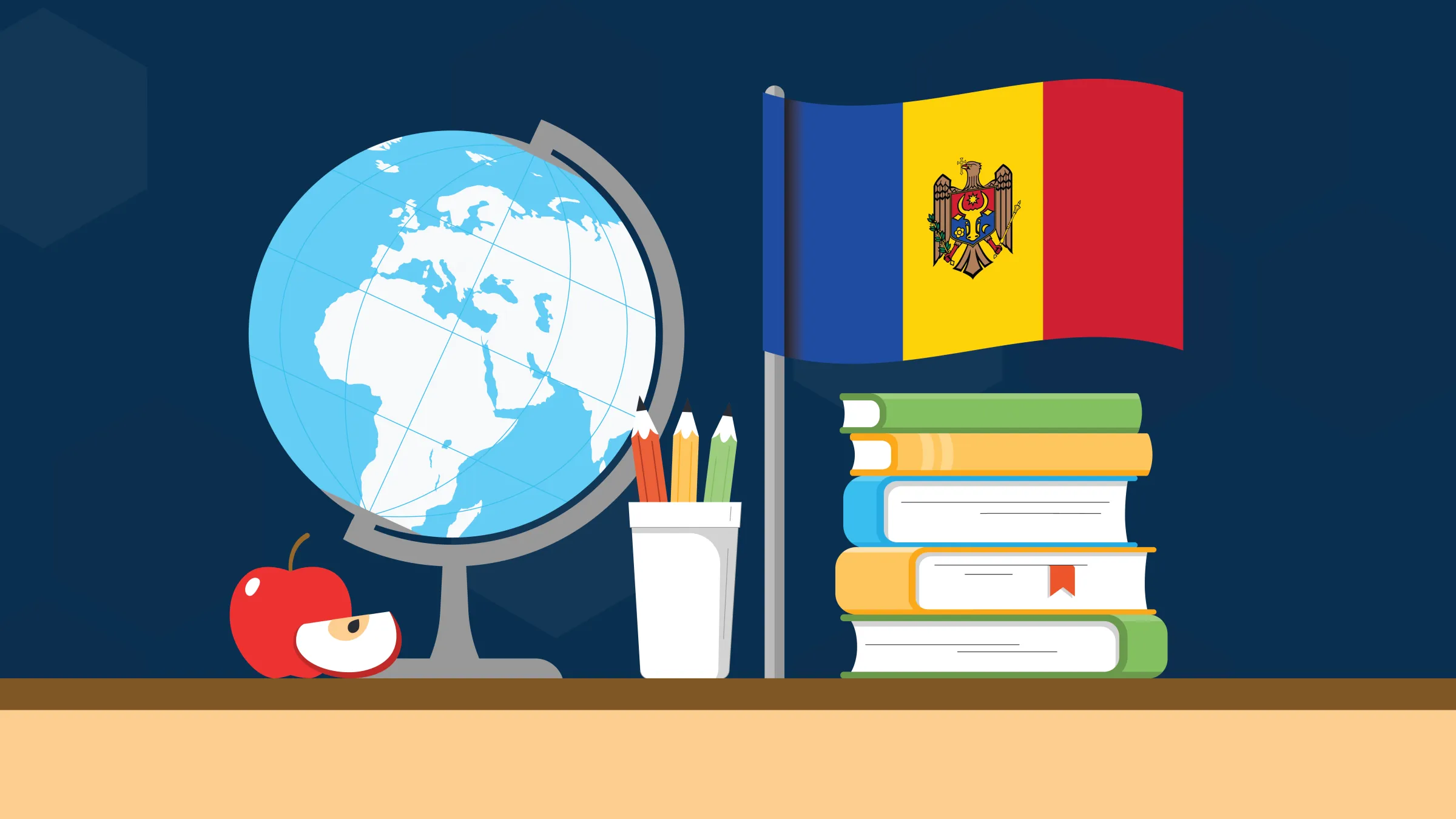 An illustration of a desk with a model globe (with the continent of Africa on its face), a red apple, a cup holding pencils, a stack of books, and a Moldovan flag (a flag consisting of three vertical bars—a dark blue one, a yellow one, and a red one—with an eagle in the center yellow bar.