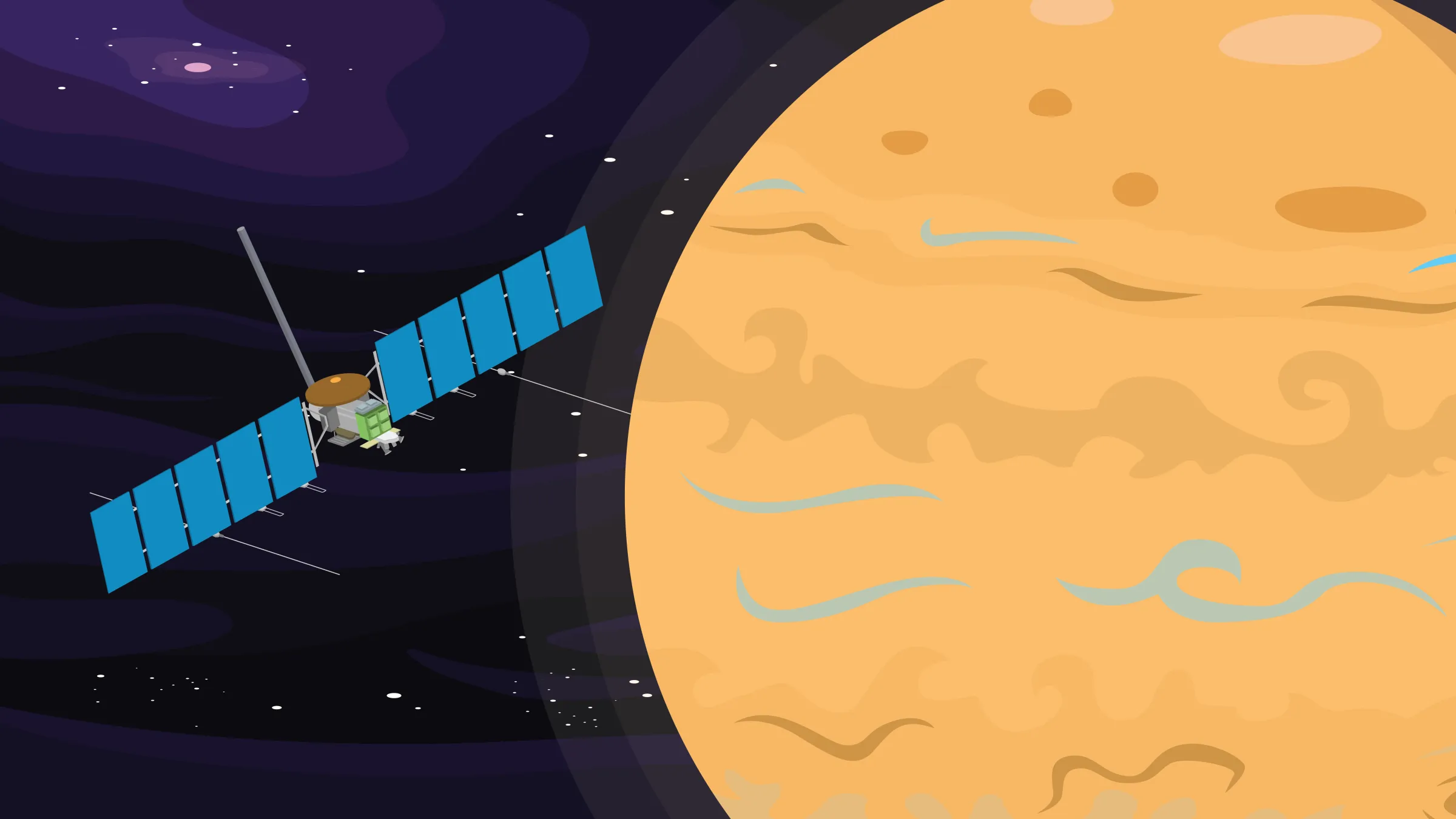 An illustrated image of Europa Clipper, a spacecraft with large solar arrays and antennae, flying in front of Europa, a large moon of Jupiter.