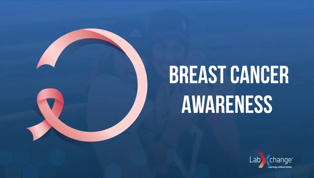 A pink ribbon alongside the text "Breast Cancer Awareness" superimposed over a faint picture of two woman embracing.