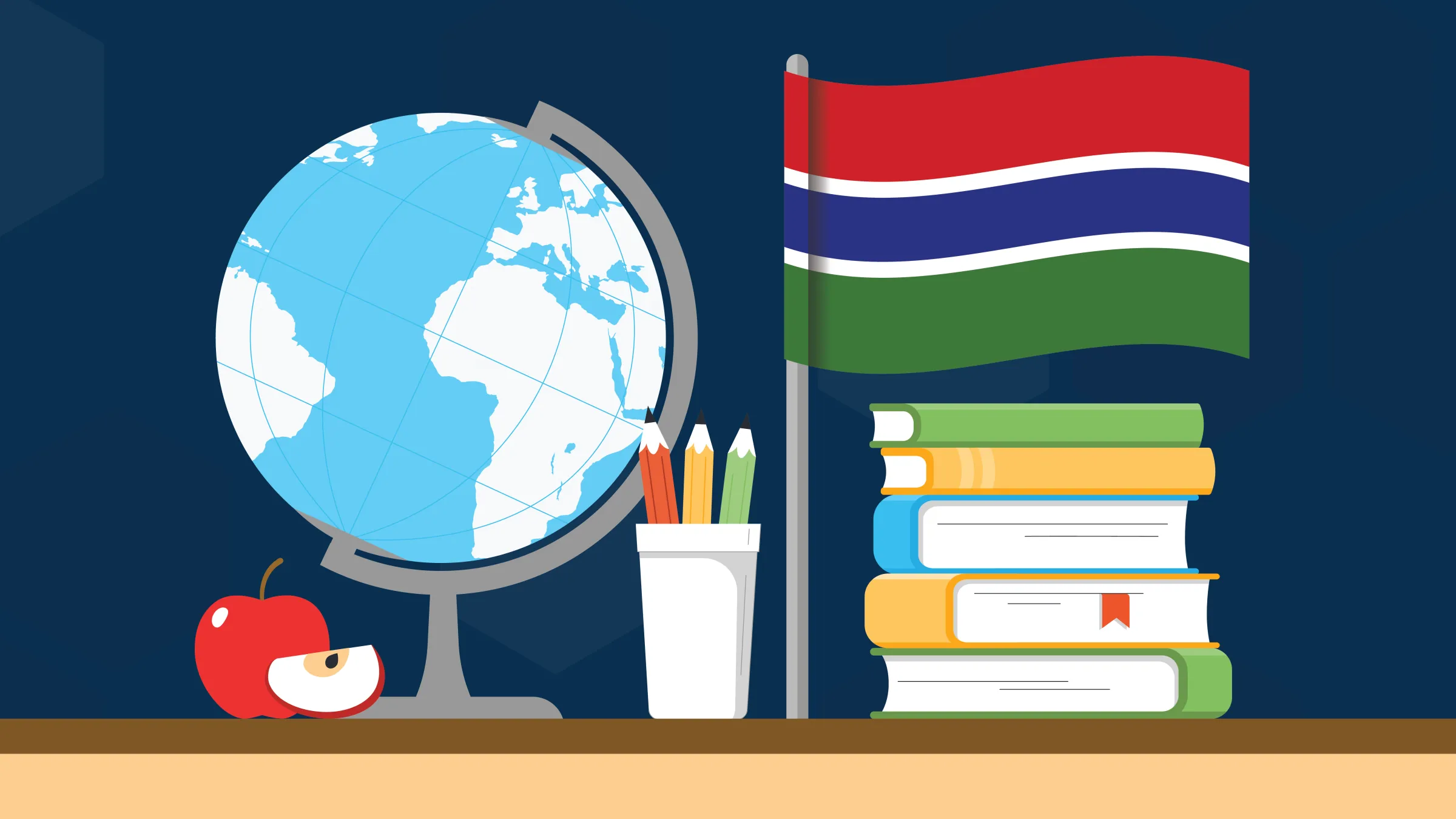 An illustration of a globe, an apple, a cup full of pencils, a stack of books, and a Gambian flag sitting on a desk. The Gambian flag consists of two larger horizontal stripes separated by a smaller navy blue stripe outlined by two thinner white stripes. The top stripe is red and the bottom stripe is green.