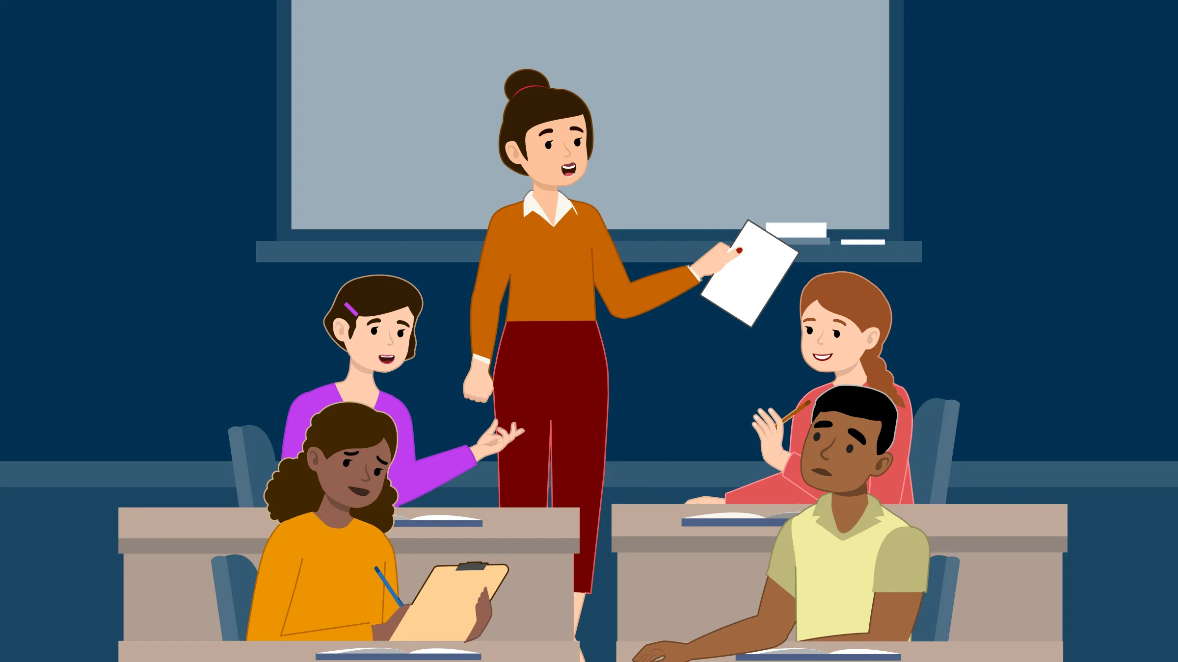 An illustration of an educator in a classroom, addressing a diverse group of students. The students are engaged in various learning activities, such as conversing, working on assignments, and contemplating the learning content.
