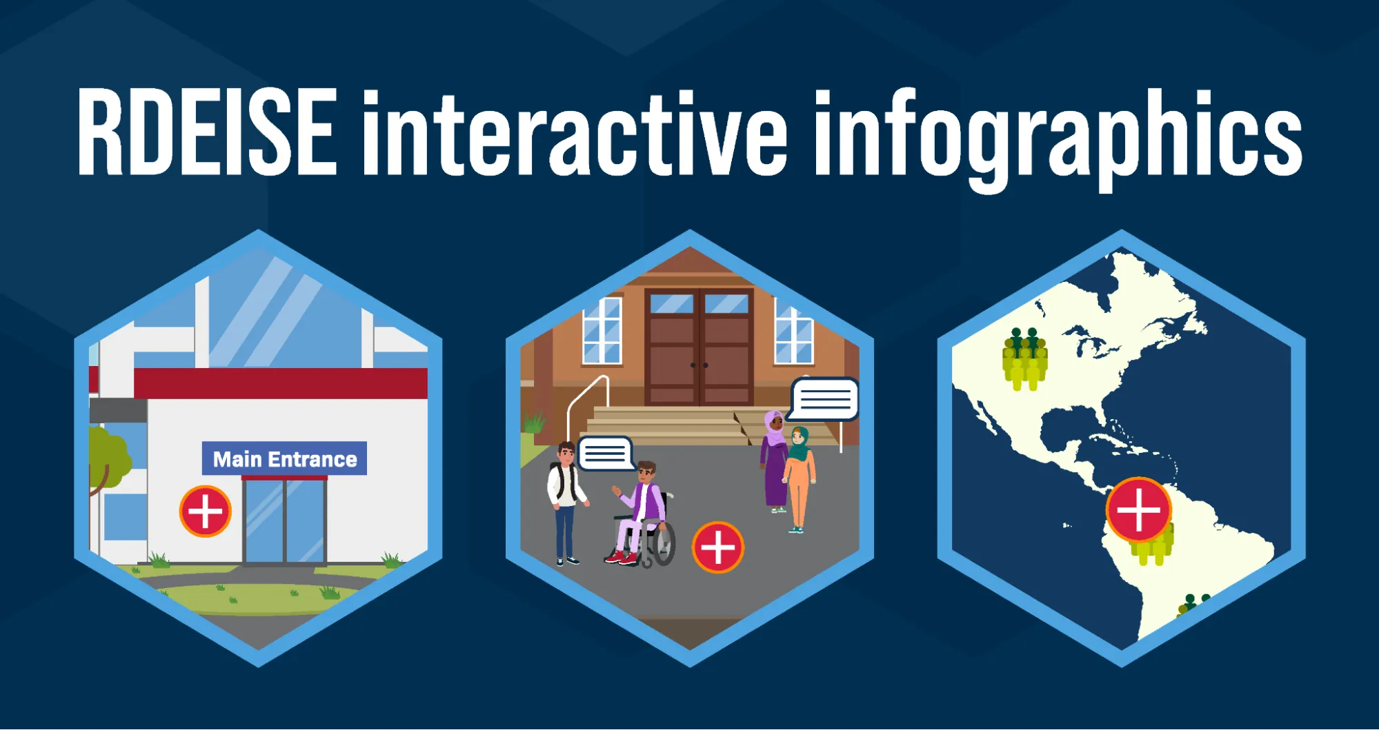 Under the heading “RDEISE interactive infographics'' are three screengrabs from interactive infographics. 1. The main entrance of a hospital has a hotspot. 2. There is a hotspot among a scene of students outside a school building. 3. A section of a world map, focused on North and South America, both marked with groups of generic human figures. One of these groups has a hotspot. 