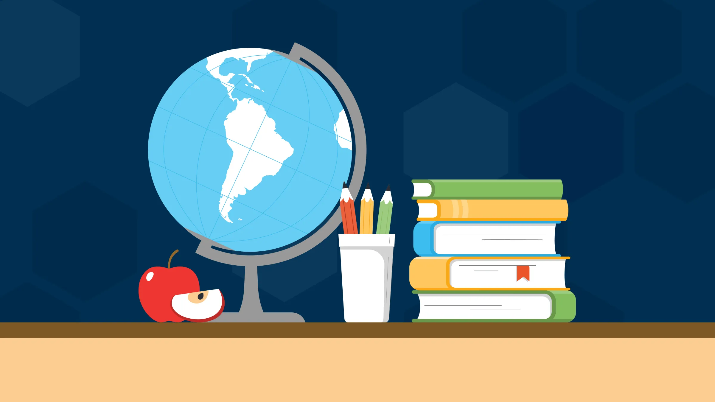 An illustrated apple with a bite taken out of it, a stack of books, a cup holding several pens, and a globe sit on a desk. On the front of the globe is Latin America (Central and South America).