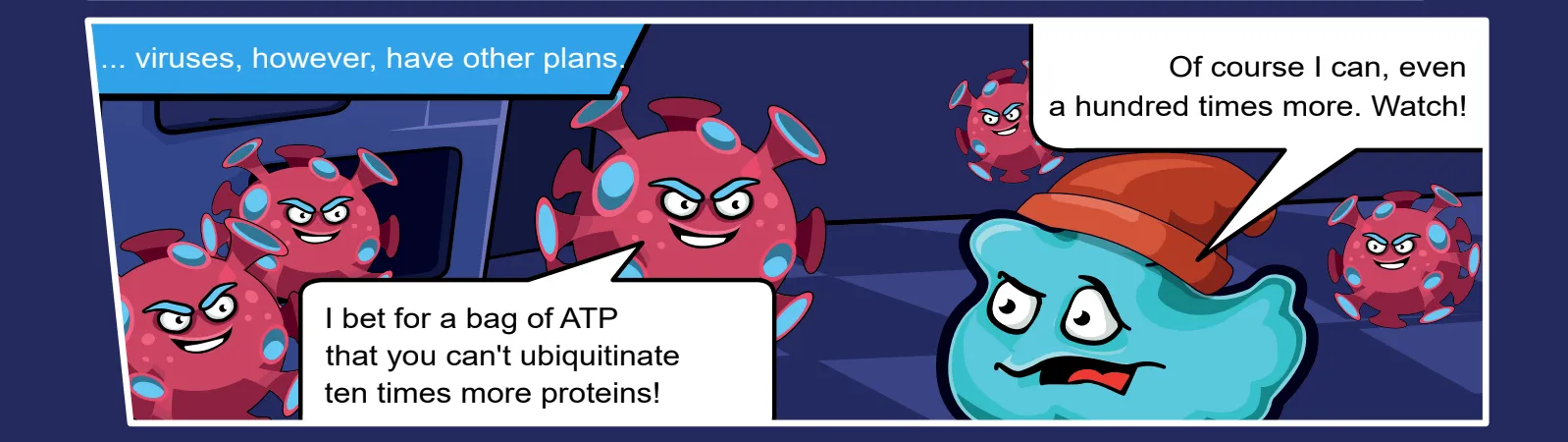 A piece of the DEGRADATOR comic, showing proteins and enzymes interacting as cartoon characters.