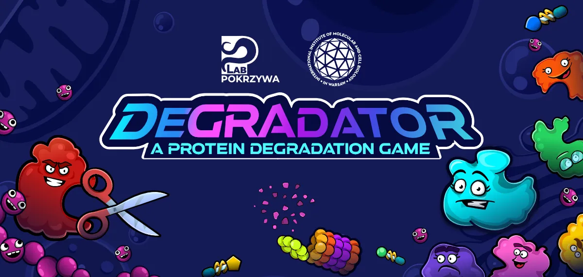 The home screen of the Degradator game, showing variously colored and shaped cartoon characters from the game and the title text: "DEGRADATOR: A Protein Degradation Game"